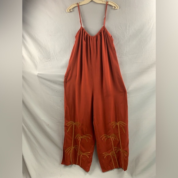 Rust Tropical Embroidery Wide Leg Cami Jumpsuit Without Belt - Picture 6 of 10